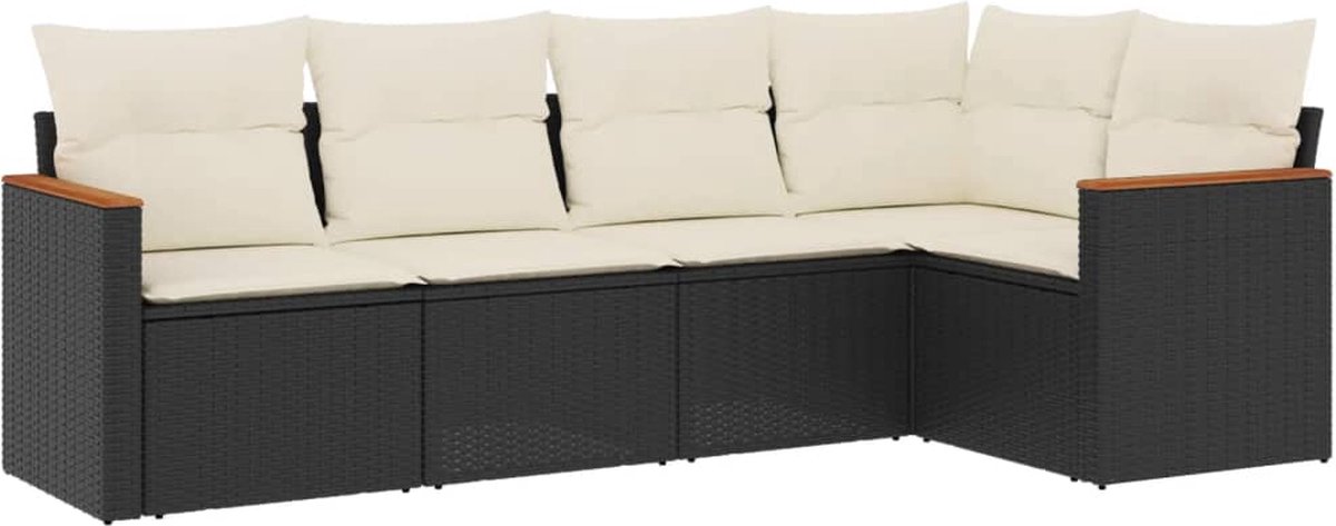The Living Store 5-delige Loungeset met kussens poly rattan zwart - Loungebank - Tuinset - Lounge Set - Buitendecoratie - Garden Furniture