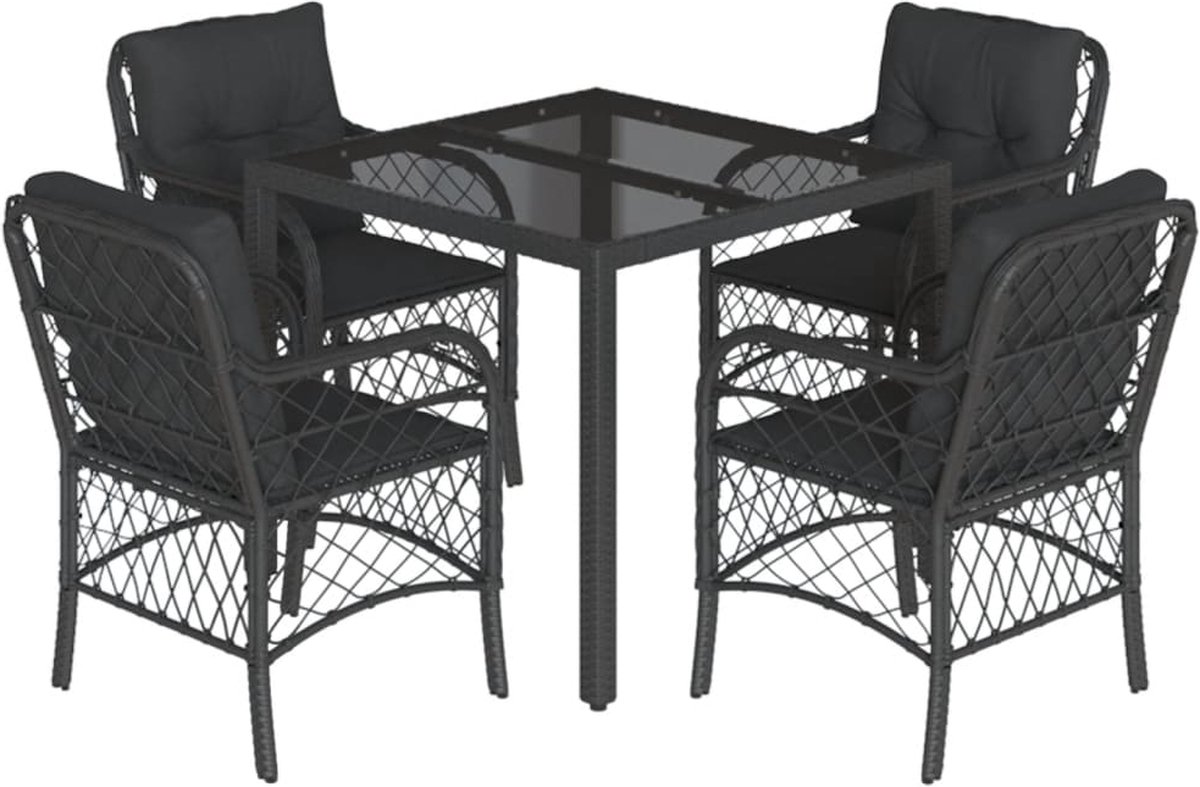 The Living Store 5-delige Tuinset met kussens poly rattan zwart - Tuinset - Buis Meubilair - Lounge Set - Eetkamerset - Outdoor Furniture