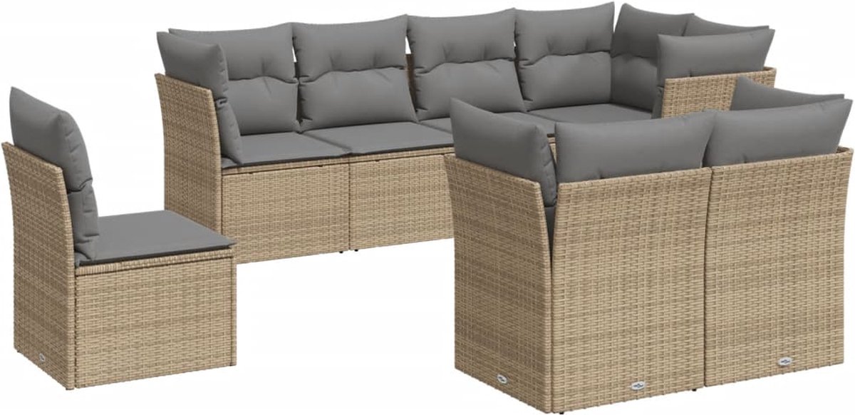 The Living Store 8-delige Loungeset met kussens poly rattan beige - Loungebank - Lounge Set - Tuinset - Outdoor Furniture - Ratan Meubels