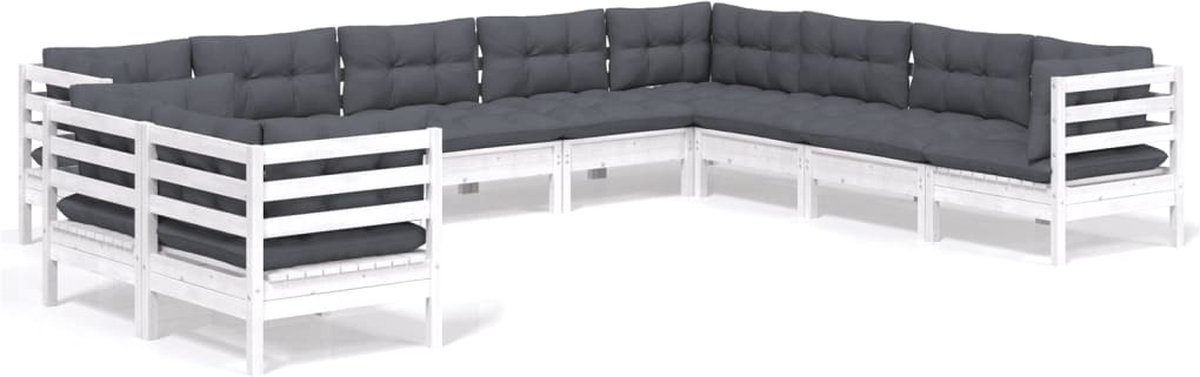Massief grenenhouten loungeset met witte kussens voor tuin en buiten.