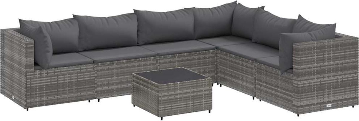The Living Store 7-delige Loungeset met kussens poly rattan grijs - Loungeset - Loungehoek - Buitendecoratie - Tuinmeubels - Poly Rattan