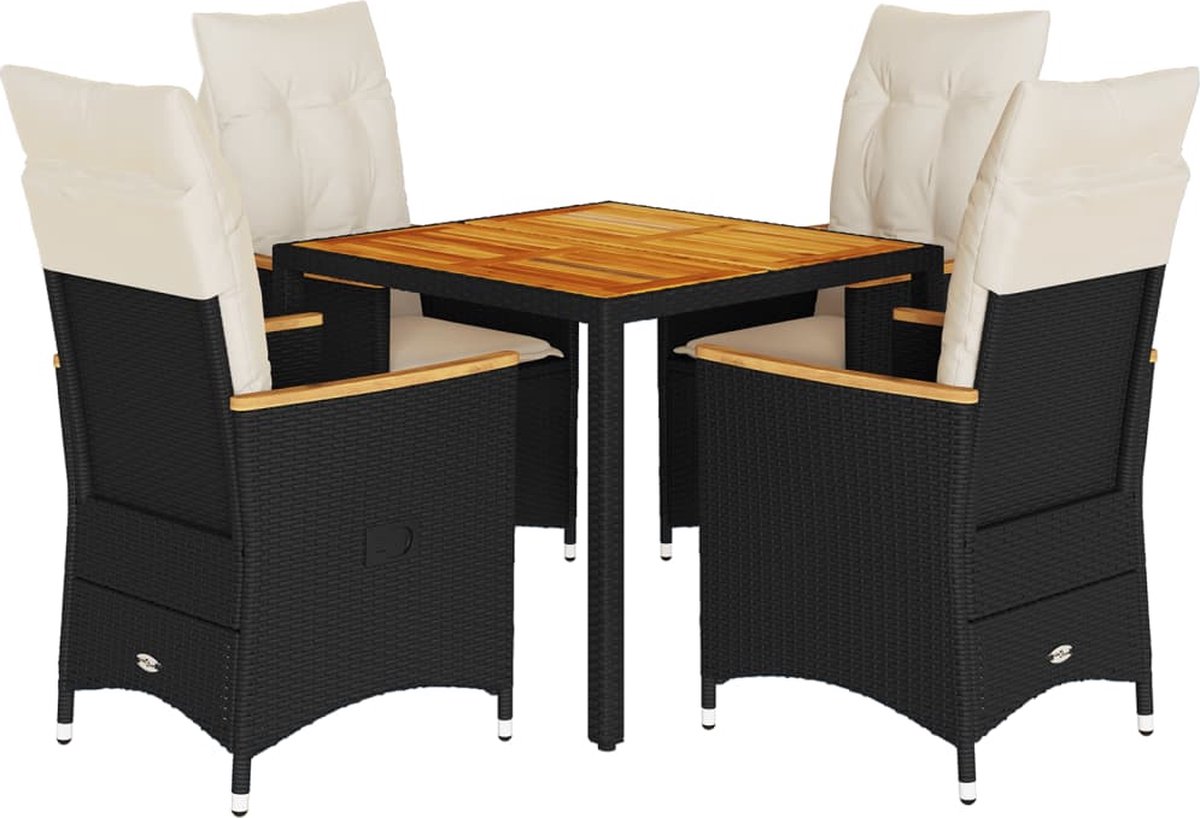 The Living Store 5-delige Tuinset met kussens poly rattan zwart - Tuinstoel - Lounge Set - Buitentijd - Eetkamerset - Patio Set