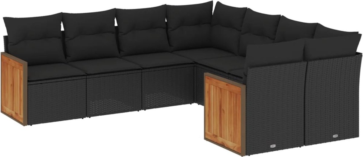 The Living Store 8-delige Loungeset met kussens poly rattan zwart - Loungebank - Lounge Set - Tuinset - Buitendecoratie - Outdoor Furniture