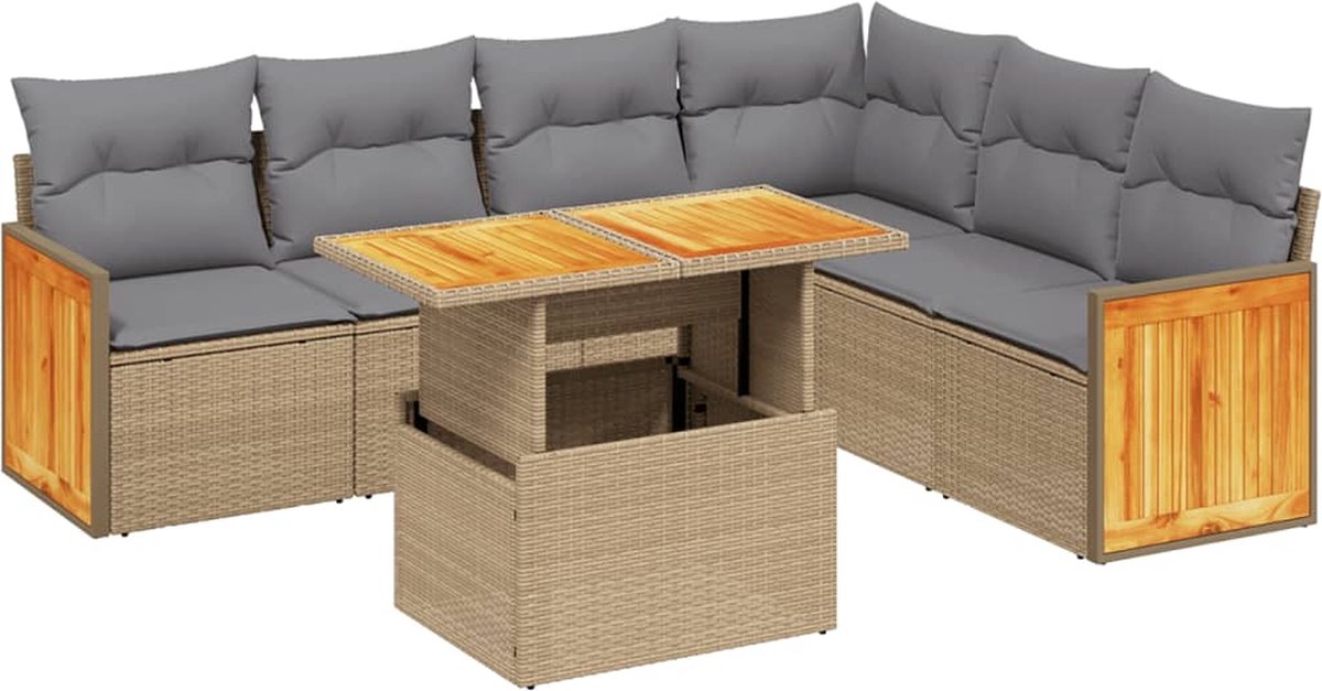 The Living Store 7-delige Loungeset met kussens poly rattan beige - Tuin Lounge Set - Loungebank - Buitendecoratie - Buitenkamer - Garden Furniture Poly rattan loungeset in beige met kussens - tuinmeubilair met loungebank.