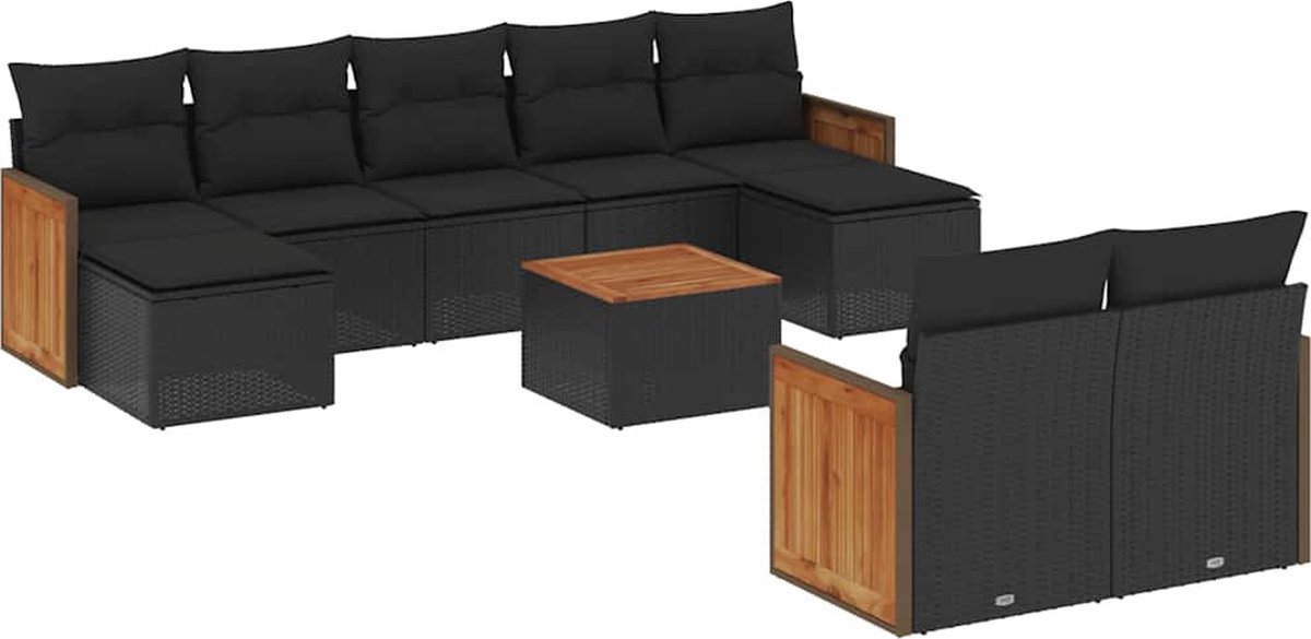 The Living Store 10-delige Loungeset met kussens poly rattan zwart - Loungeset - Lounge Set - Tuinlounge - Buitendining - Outdoor Furniture