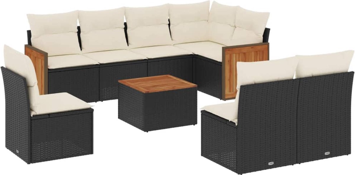The Living Store 9-delige Loungeset met kussens poly rattan zwart - Loungeset - Tuinmeubels - Lounge Set - Buitendecoratie - Outdoor Furniture