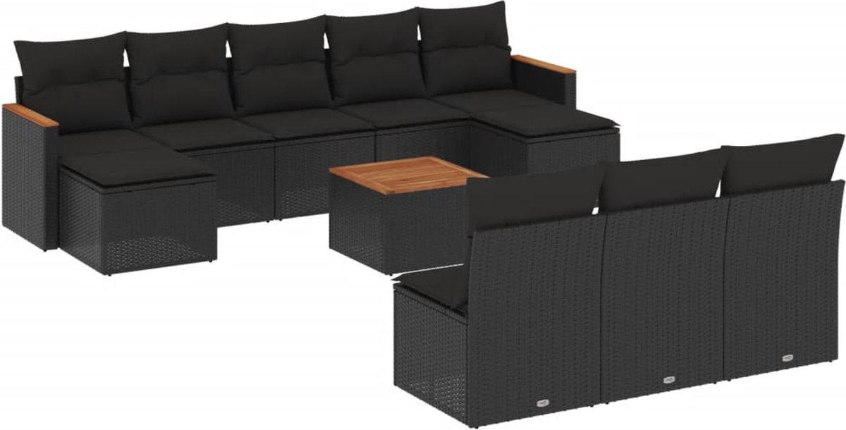 The Living Store 11-delige Loungeset met kussens poly rattan zwart - Loungeset - Tuinmeubels - Lounge Set - Buitendecoratie - Pe Rattan