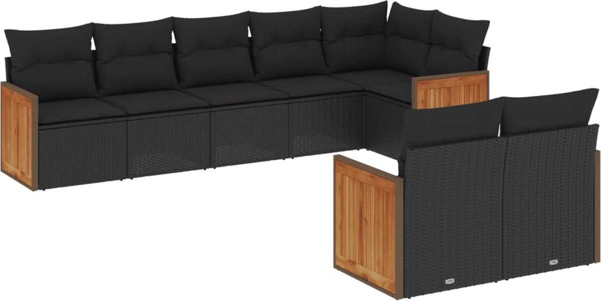 The Living Store 8-delige Loungeset met kussens poly rattan zwart - Loungebank - Lounge Set - Tuinset - Buitendecoratie - Tuinbank