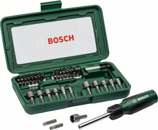 Open groene koffer met schroevendraaier en accessoires. Bosch logo zichtbaar.