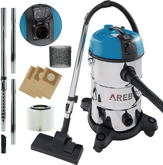 AREBOS Industriële stofzuiger | geel | inhoud 30 liter | 1300 W | met extra stopcontact | uitblaasfunctie | ideale natte droge stofzuiger | ook voor aszuigen