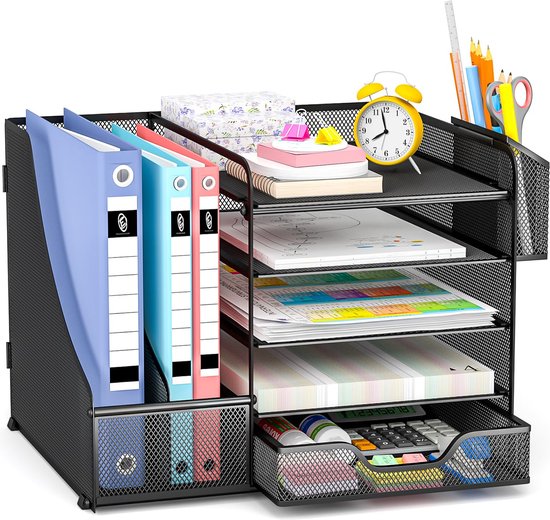 Supeasy 5 dienbladen papier organisator brief lade met handvat-mesh bureau bestand organisator, zwart papier sorter bureau organisator voor kantoor, thuis of school