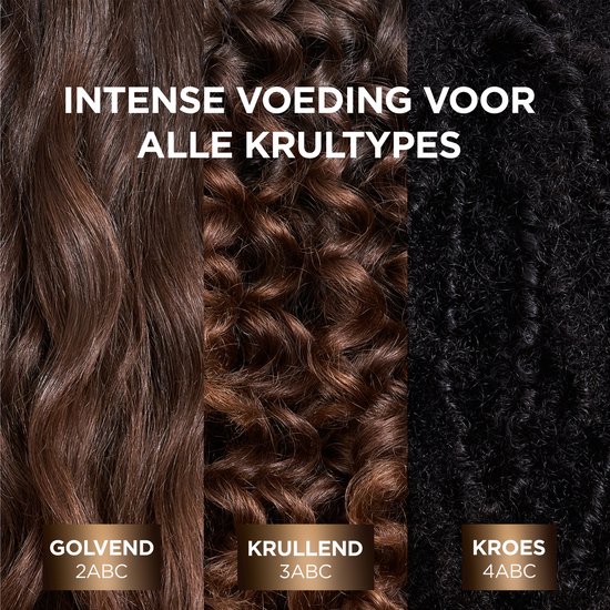 Drie types haar: golvend, krullend, kroes, met tekst "Intense voeding voor alle krultypes".