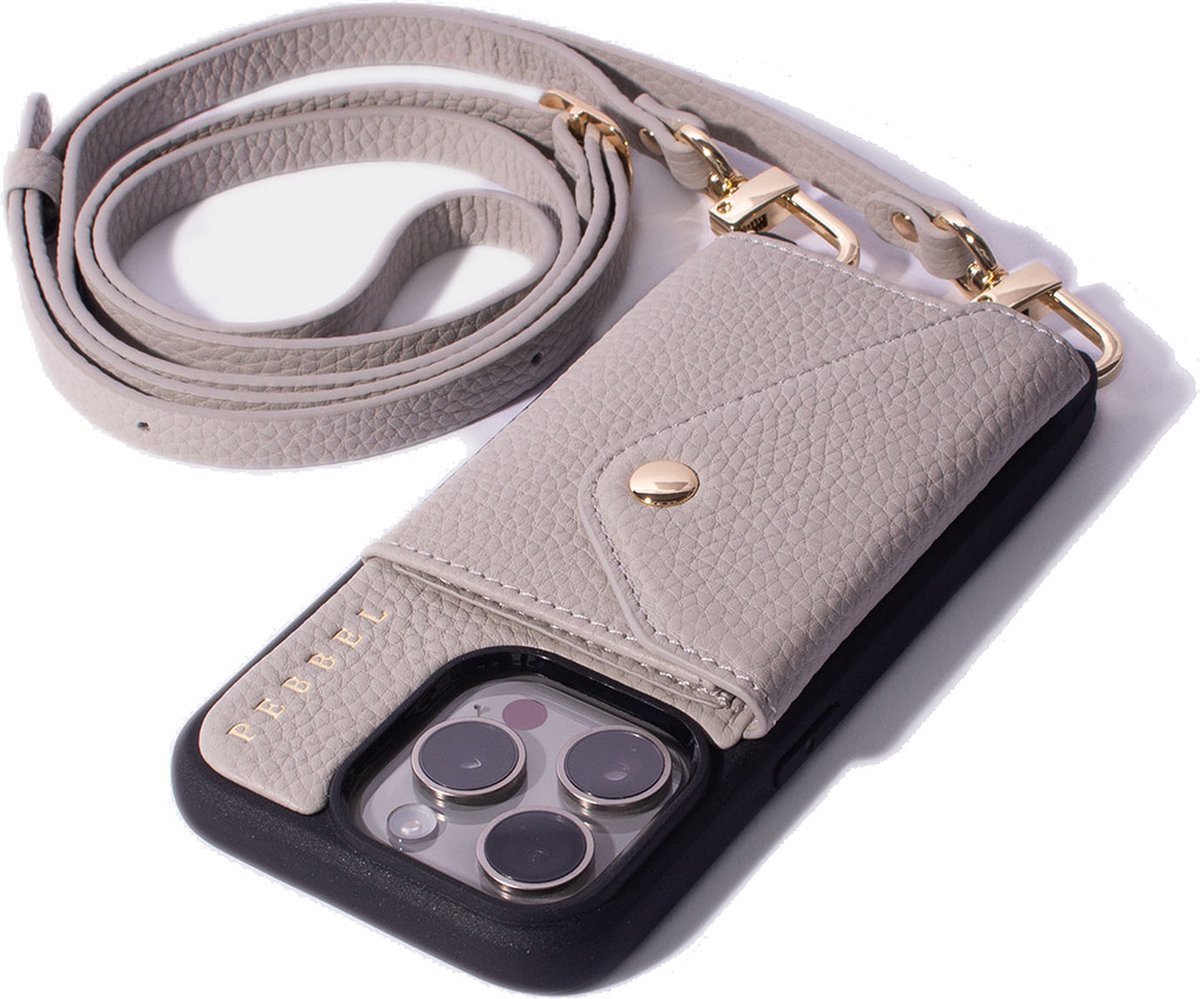 Pebbel Crossbody Hoesje Greige - Geschikt voor iPhone 14 Pro - Luxe Hoesje met Koord - Echt Italiaans Leer - Pasvakje