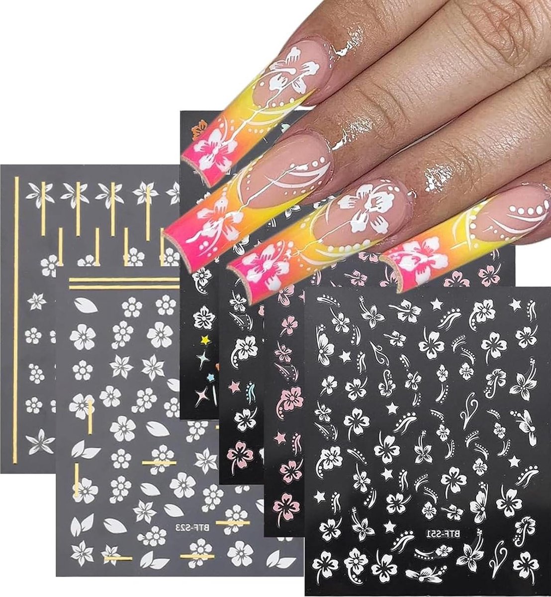 6 vellen 3D hibiscusbloemen nagelstickers - zelfklevend nagelontwerp met nagelkunst