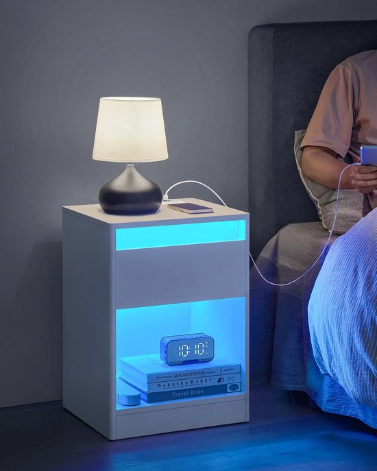 Elegante Nachtkastje met ledverlichting, bijzettafel, sofatafel, slaapkamer, modern, 35 x 40 x 55 cm wit Ruim Paneel Kunstwerken, een gemakkelijk te openen lade met een afgeronde rand om kleinigheden op te bergen en een open plank favoriete boeken