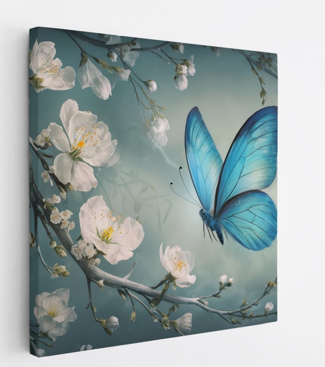 Saammp Canvas Schilderij - Elegante Vlinder - Abstract met Bloesemtakken - 30x30 - Foto op canvas - Wanddecoratie - Muurdecoratie Woonkamer - Kantoor Decoratie Multicolor
