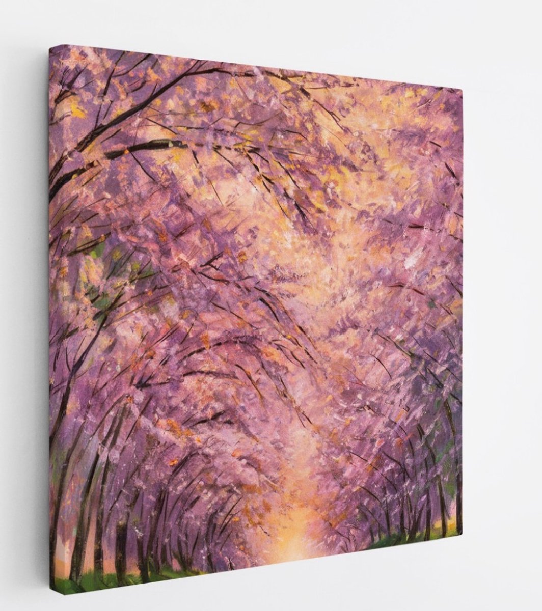 Saammp Canvas Schilderij - Pad tussen de bomen door - Roze - Landschap - Natuur - 60x60 - Foto op canvas - Wanddecoratie - Muurdecoratie Woonkamer - Slaapkamer decoratie - Canvas Print Multicolor