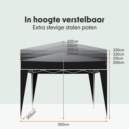 Zwarte partytent met afmetingen weergegeven. Tekst "In hoogte verstelbaar" en "Extra stevige stalen poten" is zichtbaar.