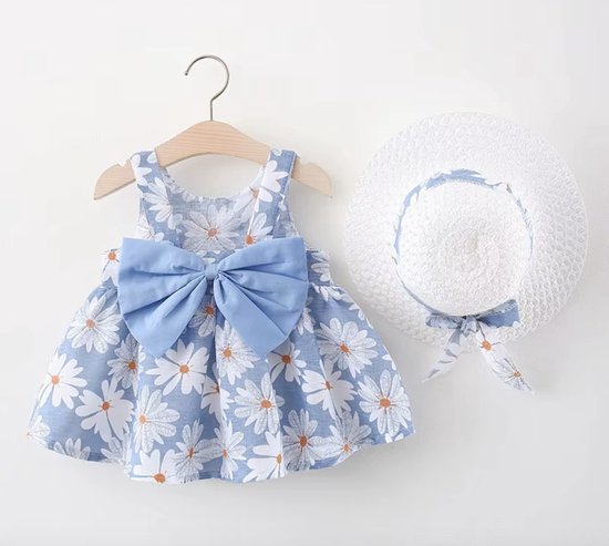 Baby Zomerjurk Met Zonnehoed - Maat: 62/68 - Kleur: Blauw - Baby Bloemenjurk - Zomerhoed - Babyjurkje - Baby Hoed - Zomer Outfit Baby - Jurk met Madeliefjes - Baby Verjaardag - Birthday Outfit - Vakantie Zomer - Hoge Kwaliteit - Luxe Babykleding