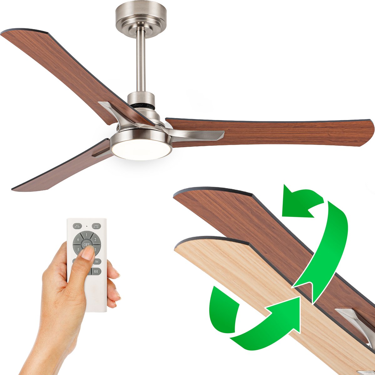 Goedewaere Plafondventilator - Zilver - 2 Kleuren Bladen - Met lamp - Met Afstandsbediening - Fluisterstil - Timer - Ideaal voor slaapkamer