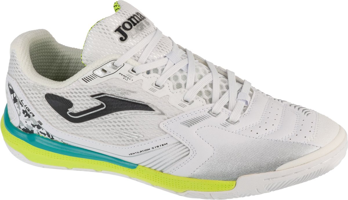 Joma Liga 5 indoorschoenen voor mannen, maat 43,5, wit met groene en zwarte accenten, gemaakt van synthetisch leder.