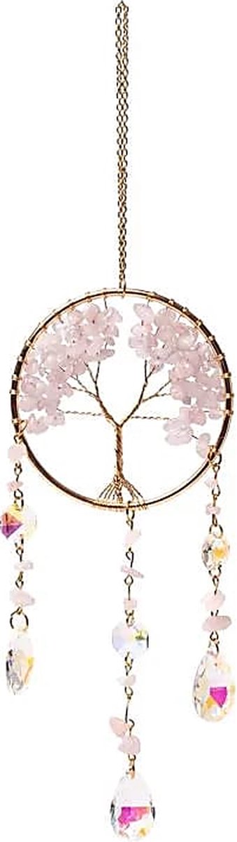 Regenboogkristal - suncatcher - levensboom en rozenkwarts edelsteen - 30x8 cm