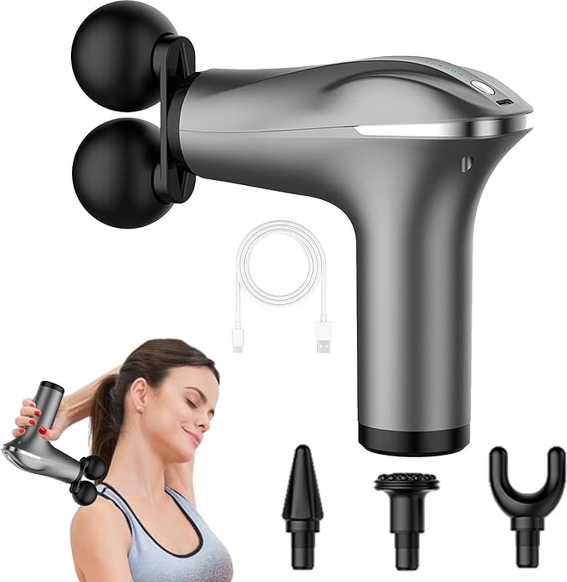Afbeelding 2 van Elpatron.nl proffesionele Dubbele Massage Kop massagepistool massagegun-Massage Gun - Professioneel - Inclusief 4 Opzetstukken - Zwart - Massage Apparaat - Massage-gun - Massagegun