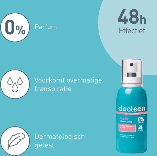 Deoleen Anti-transpirant - Pompspray Regular - Voorkomt overmatige transpiratie en transpiratiegeur - 48 uur effectief - 0% parfum - Dermatologisch getest - Deodorant - 75 ml