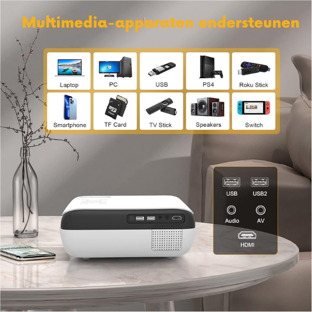 HOPVISION Beamer, Full HD 1080P Beamer, Bluetooth Beamer 4K Unterstützt