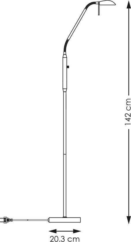 Technische tekening van een zwarte staande lamp, met afmetingen 142 cm hoogte en 20.3 cm breedte basis.
