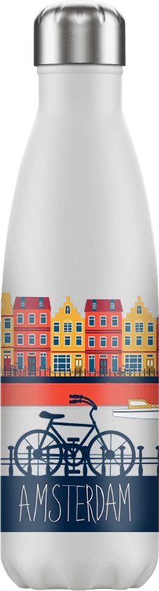 Witte drinkfles met Amsterdamse grachtenpanden, een fiets en de tekst 'AMSTERDAM'.