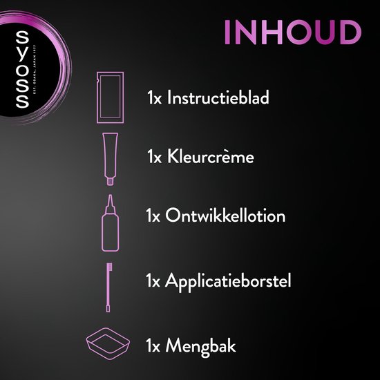 Inhoud van SYOSS wenkbrauwverf kit: instructieblad, kleúr crème, ontwikkelaar lotion, applicatorborstel en mengbak.