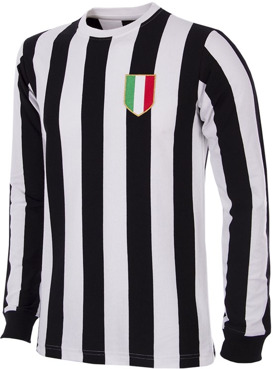 Zwart-wit gestreept Juventus voetbalshirt met lange mouwen en Italiaans wapen.