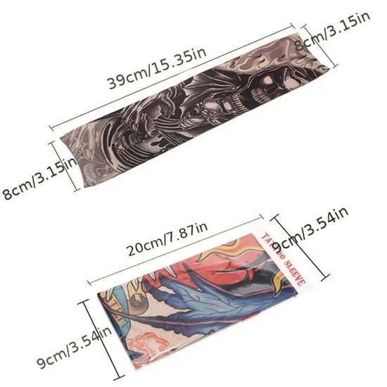 Twee tattoo sleeves, één met drakenprint en maten 39x8cm, de ander met bloemenprint en maten 20x9cm.