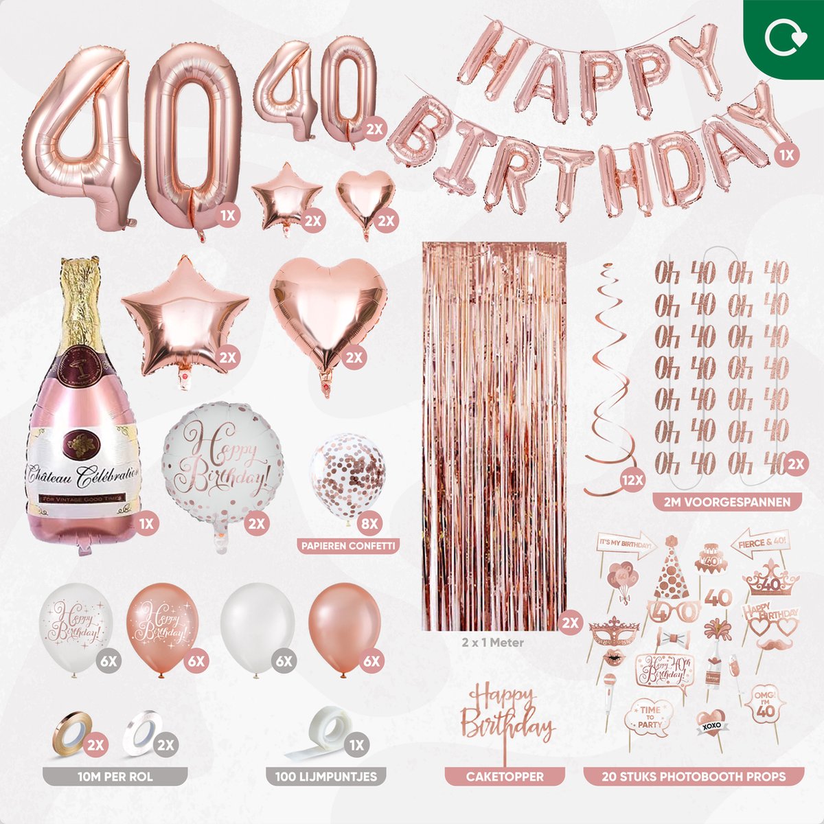 Fissaly 40 Jaar Rose Goud Verjaardag Decoratie Versiering - Helium, Latex & Papieren Confetti Ballonnen — afbeelding 2