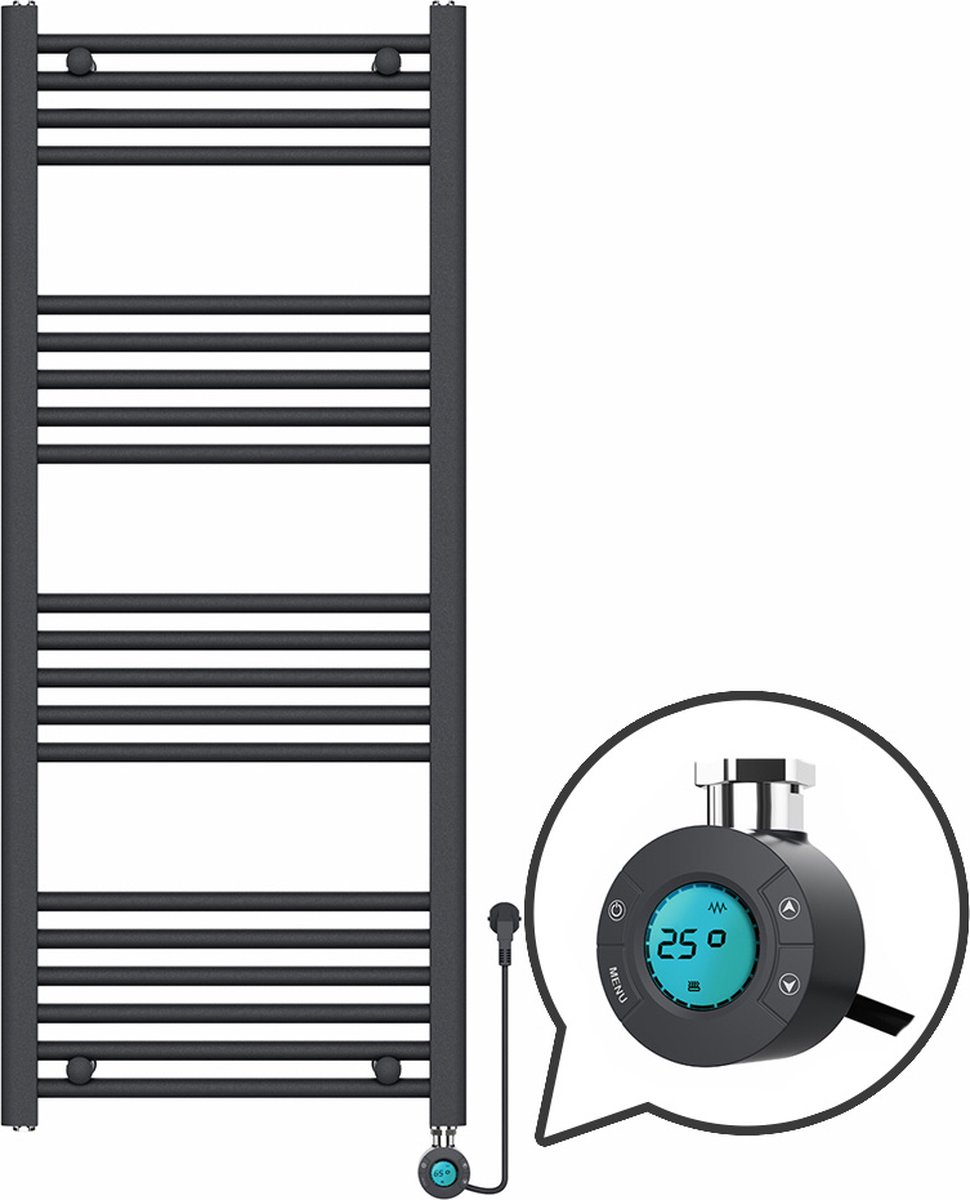 Handdoekradiator Elektrisch met Digitale Thermostaat - Radiator Badkamer - 1200 × 500 mm - Mat zwart - 500 Watt