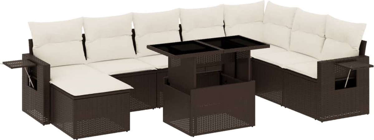 Loungeset van poly rattan in bruin met kussens - Tuinmeubelen - Buitendecoratie