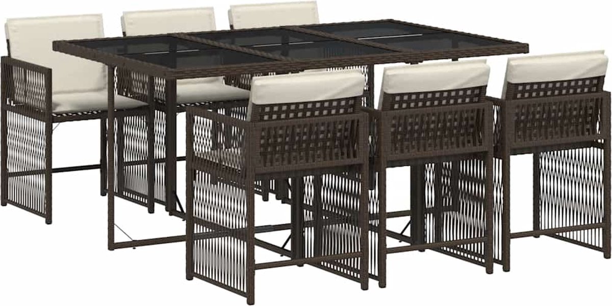 The Living Store 7-delige Tuinset met kussens poly rattan bruin - Tuinset - Buitendecoratie - Lounge Set - Eetkamerset - Pe Rattan