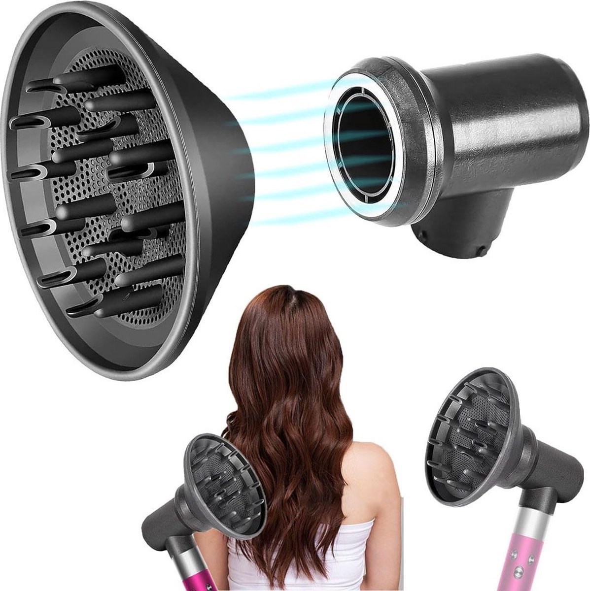 DailySupplies® Volumeborstel Opzetstuk - Multistyler - Haarstyler föhn - Diffuser voor Krullen - Zwart