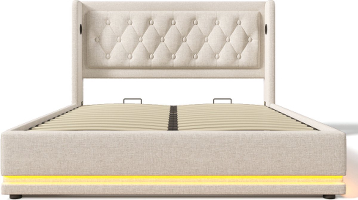 Gotagee Gestoffeerd bed 140x200cm tweepersoonsbed (zonder matras) beige katoen hydraulisch opbergbed met USB Type-C oplaadfunctie en 3-zijdige LED-functie