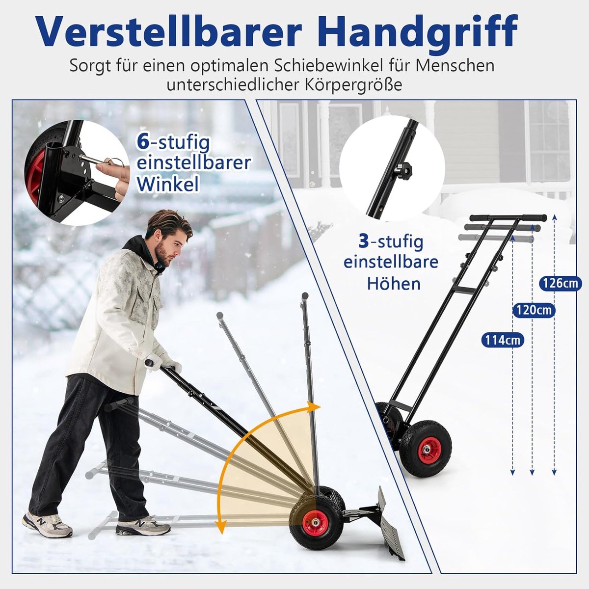 KADAX Sneeuwschep, schep met houten steel, sneeuwschuiver met ergonomische kunststof handgreep, sneeuwruimer met kunststof blad, sneeuwschep (W: 50 cm, oranje