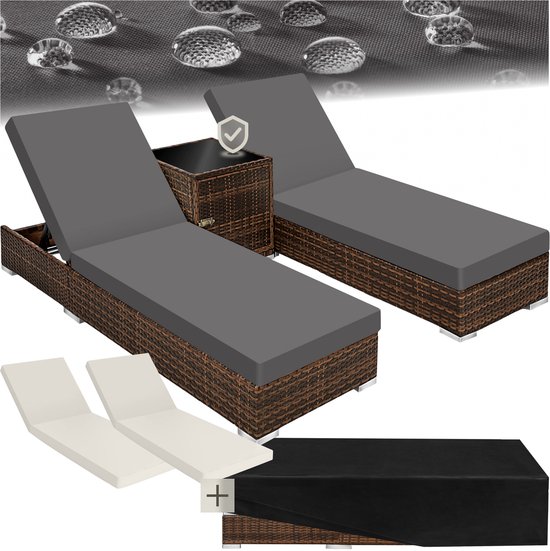 tectake® 2 Luxe Verstelbare Ligbedden - Wicker Tuinstoelen - Met Bijzettafeltje - Ligstoel - Inclusief Kussens en Beschermhoes - Zwart/Bruin