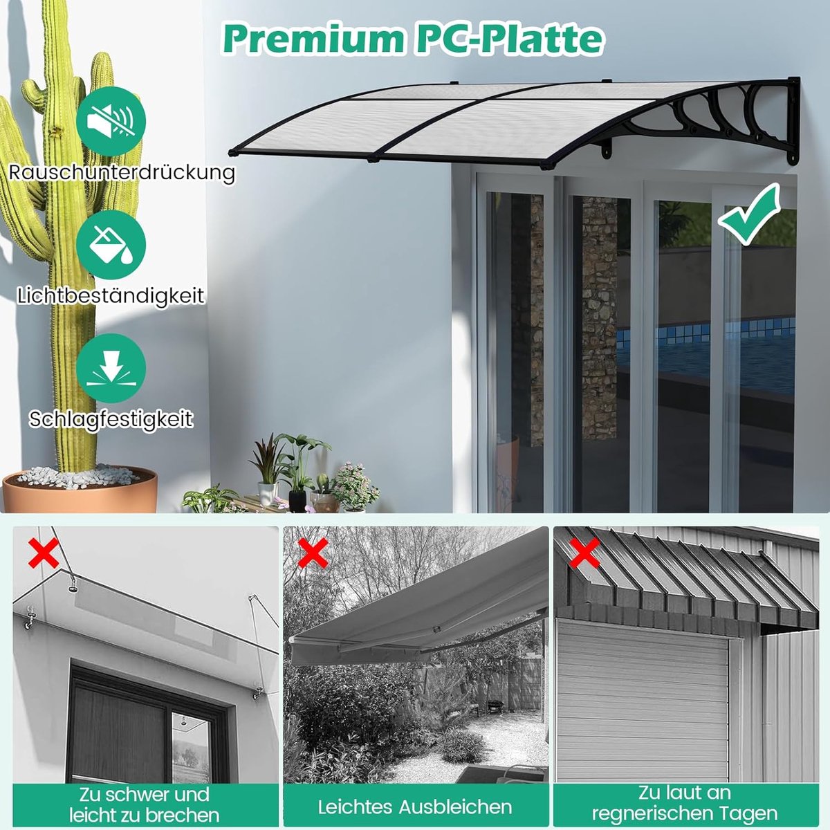 Ansobea Vordach für Haustür 100 x 150cm, Überdachung Haustür aus Aluminium und Polycarbonat