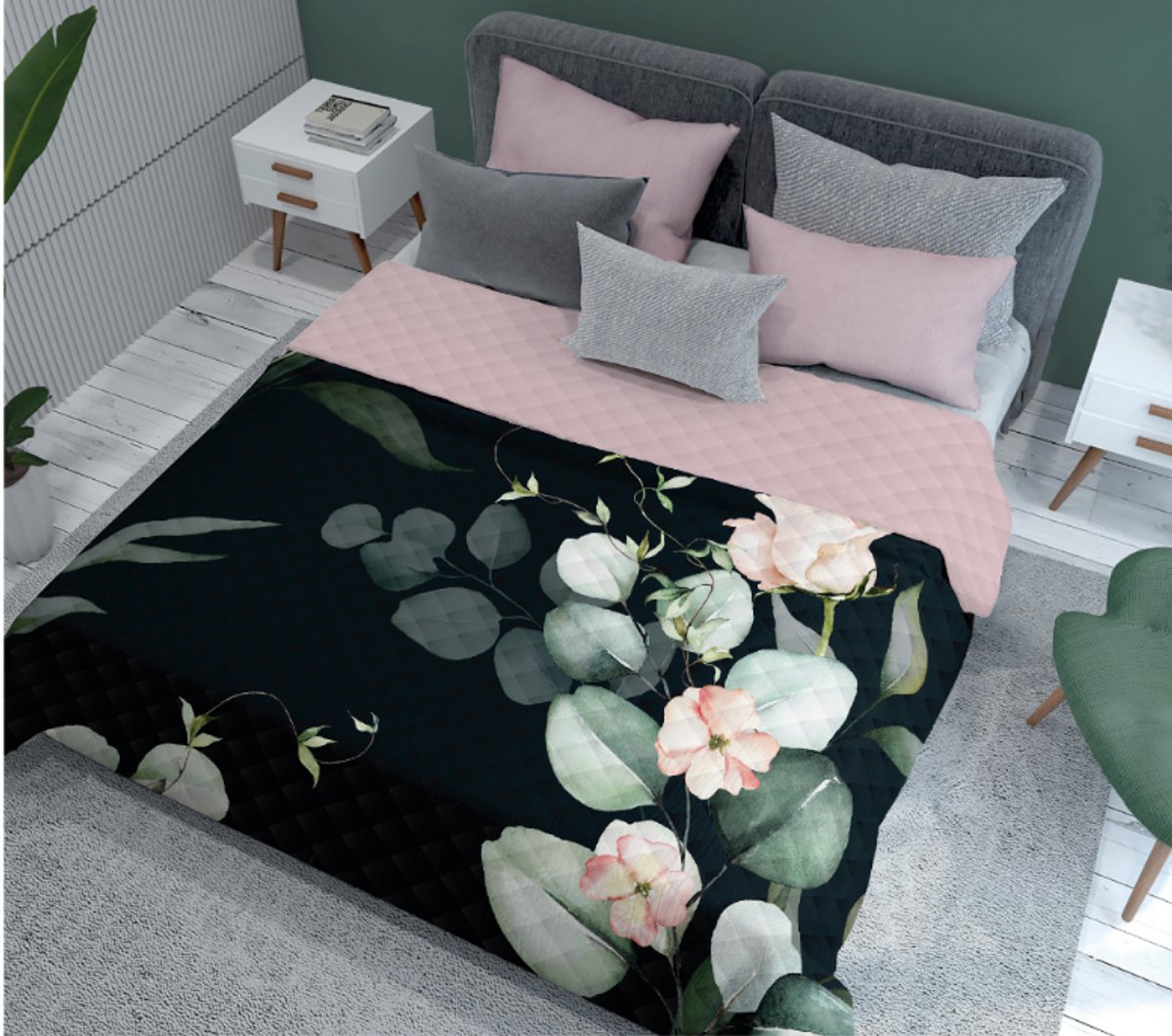 Bedsprei bloemen - roze/zwart - 170x210 cm