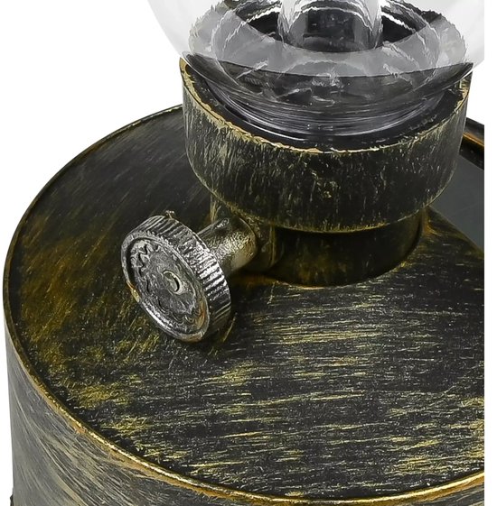 Goudkleurige Benson LED olielamp op zonne-energie, close-up van de draaiknop en de ruw afgewerkte basis.