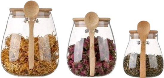 Luxaliving Glazen voorraadpot set 3 stuks met lepel - Opbergpot - Luchtdicht - Bamboe hout - 350ML - 600ML - 1000ML