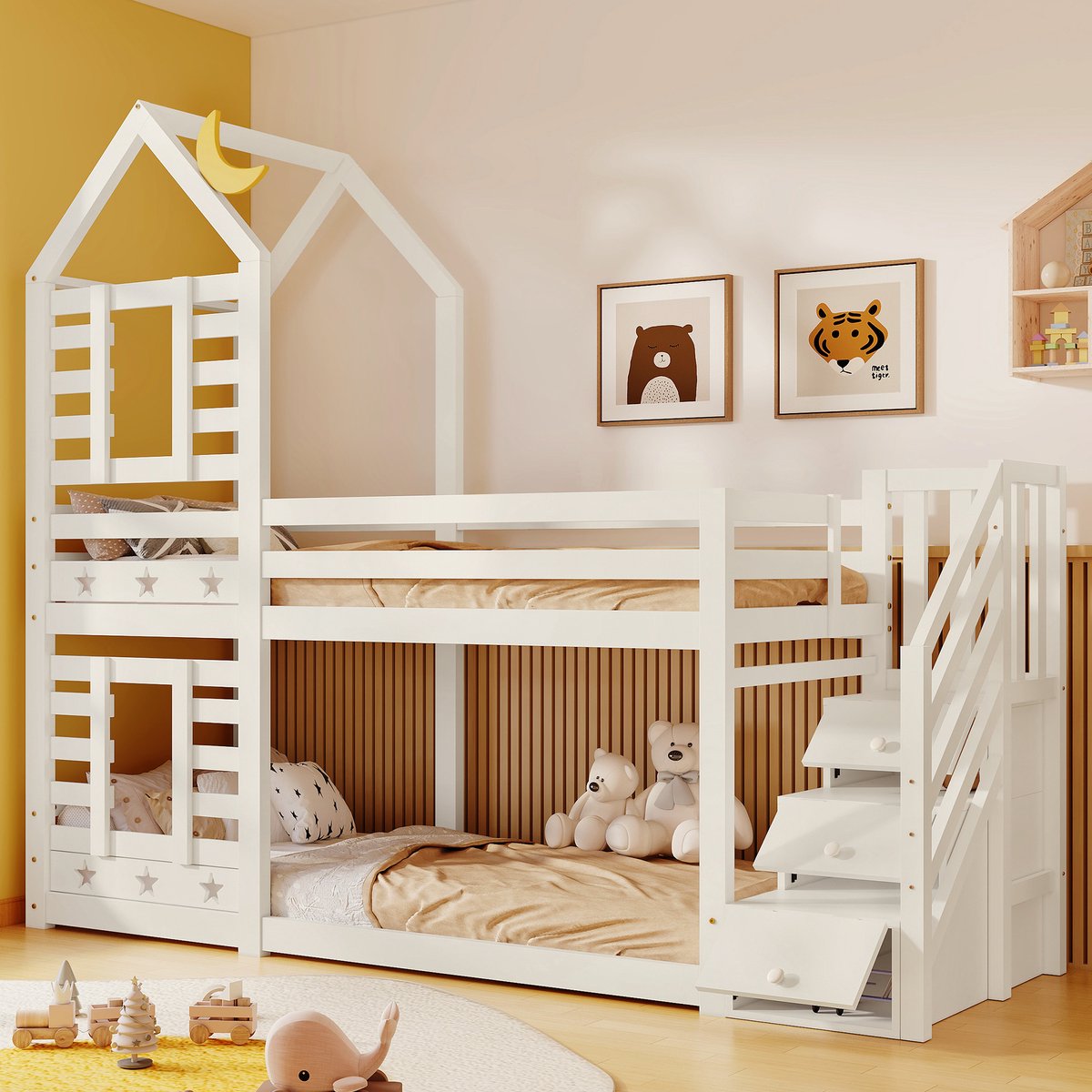 Merax Kinderbed, Etagebed Boomhut met Lades en Valbeveiliging 90x200 cm, Hoogbed voor Kinderen-2x Lattenbodem-Wit