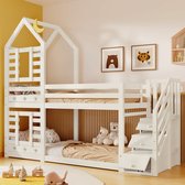 Kinderbed, Etagebed Boomhut met Lades en Valbeveiliging 90x200 cm, Hoogbed voor Kinderen-2x Lattenbodem-Wit