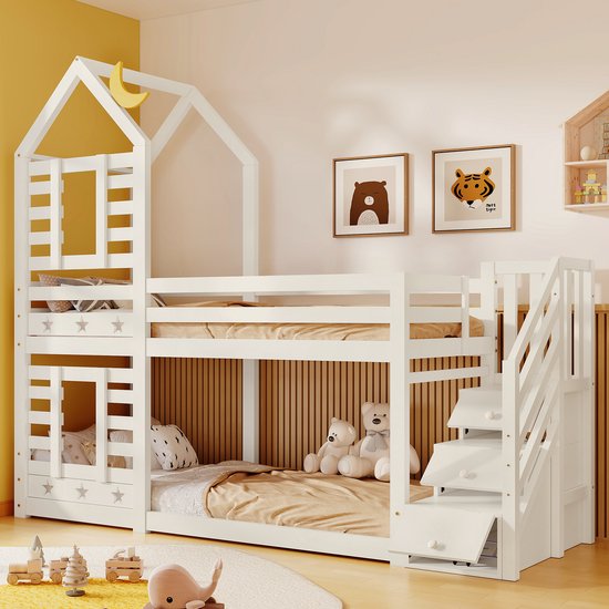 Lit enfant, Lit superposé Cabane dans les arbres avec tiroirs et Protection contre les chutes 90x200 cm, Lit mezzanine pour Enfants- 2x sommiers à lattes - Wit