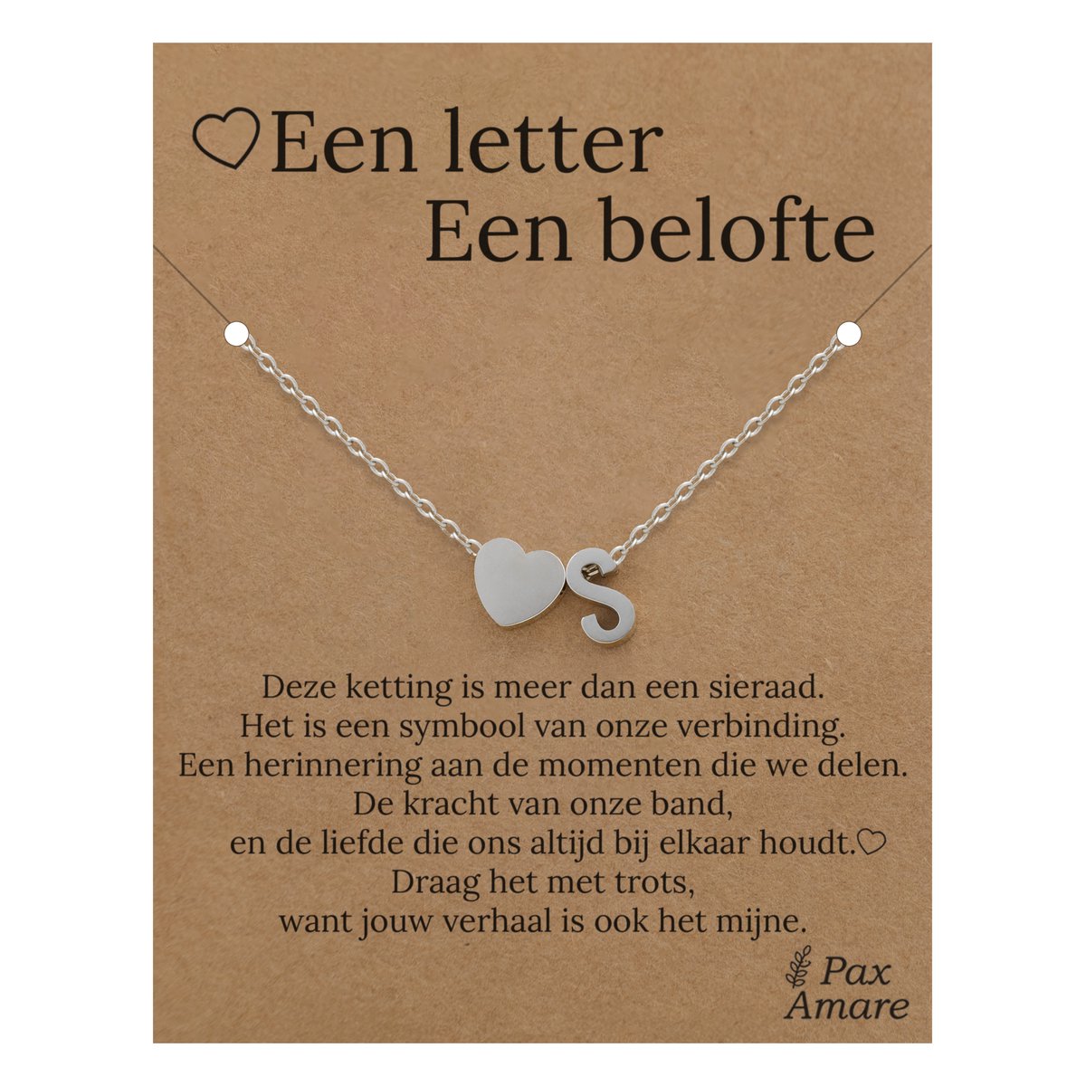 Letter S ketting op Cadeau Kaartje - Een letter, een belofte - 45cm Zilverkleurig Stainless Steel - Initiaal & Hartje Hanger - Pax Amare